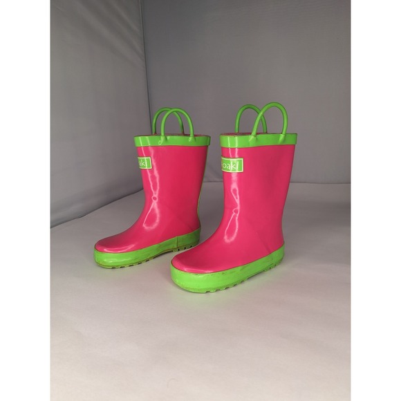 Oaki Kids Rain Boots‎ Pink Green Rubber Pull On Boots Size Toddler - Picture 2 of 9
